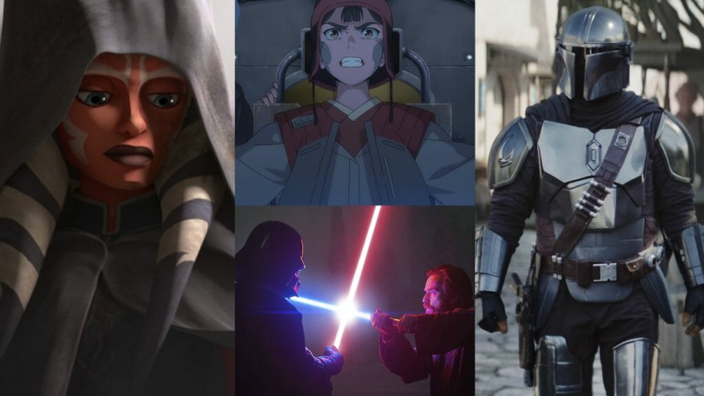 A collage featuring images from Star Wars: The Clone Wars, Star Wars: Visions, Obi-Wan Kenobi, and The Mandalorian for our full list of every Star Wars TV show ranked from worst to best.