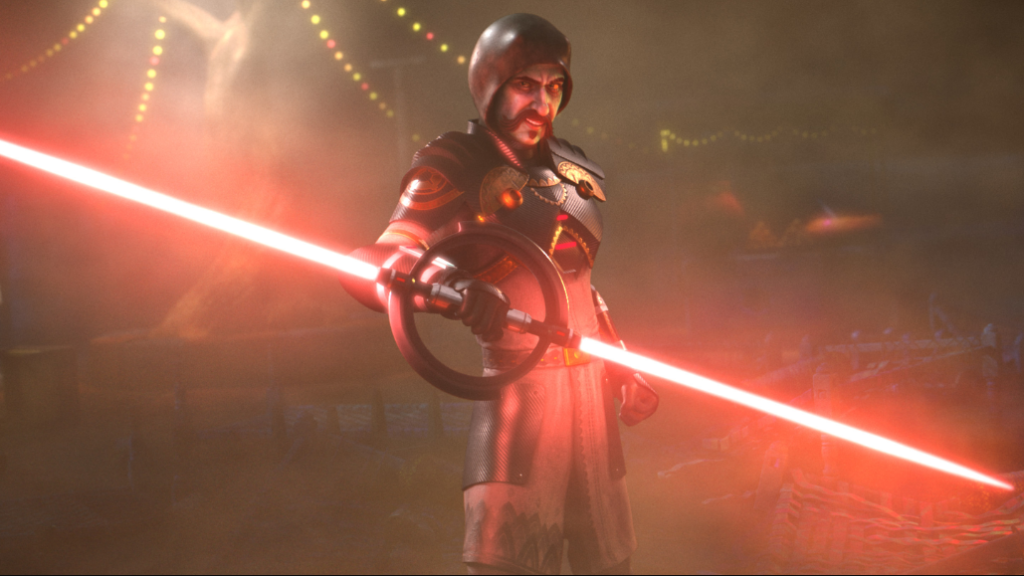 A Sith inquisitor with a double-bladed spinning red lightsaber appears in the short film titled The Bandits of Golak from Indian animation studio 88 Pictures in STAR WARS: VISIONS Volume 2.