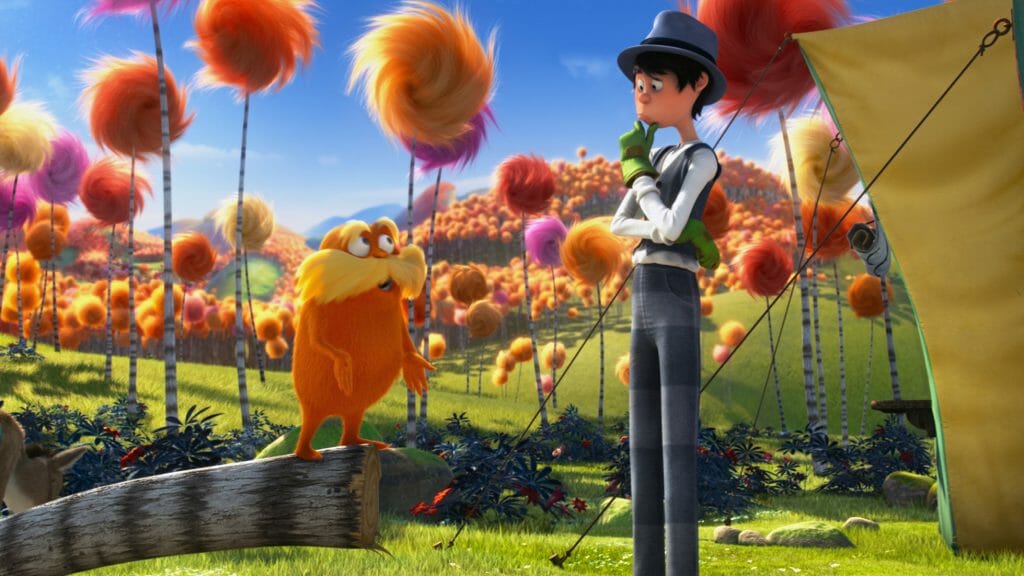 The Lorax makes a plea to save the forest with the Once-ler in the animated adaptation of Dr. Seuss' THE LORAX from Illumination.