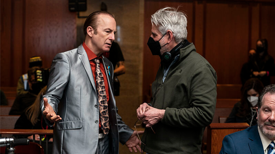 Showrunner and director Peter Gould and actor Bob Odenkirk wearing his final suit and tie Jimmy McGill costume stage out the final courtroom scene of BETTER CALL SAUL together while filming the series finale.