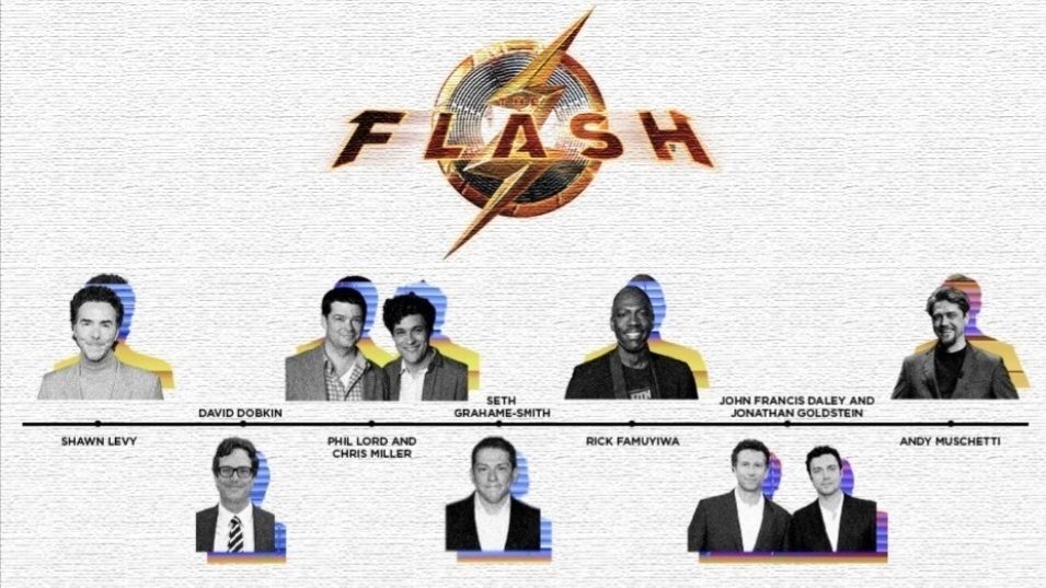 A timeline graphic of every director who has been involved in THE FLASH movie for DC and Warner Bros, including Shawn Levy, David Dobkin, Phil Lord and Chris Miller, Seth Grahame-Smith, Rick Famuyiwa, John Francis Daley and Jonathan Goldstein, and Andy Muschetti.