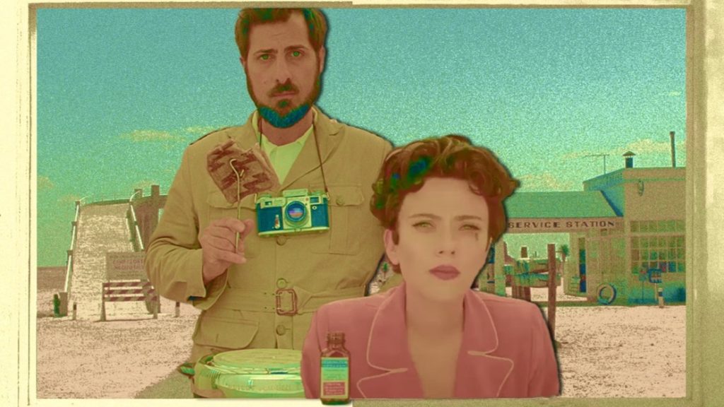 A postcard themed graphic of Scarlett Johansson and Jason Schwartzman from Asteroid City highlighted with vintage colors for our exclusive interview.