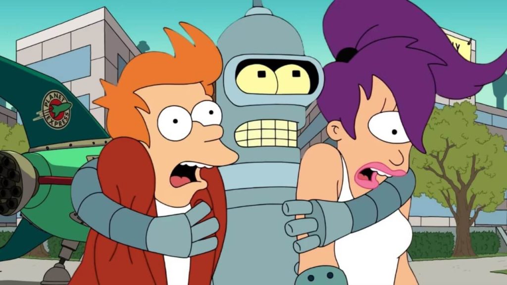 Bender the robot gives a big group hug to Fry and Leela as they return to the Planet Express in FUTURAMA Season 11 on Hulu.