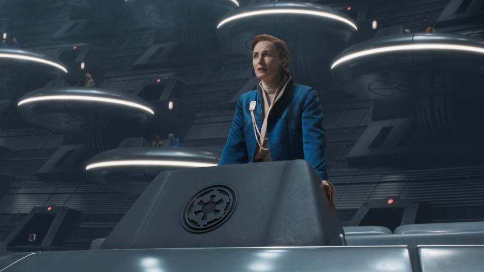 Genevieve O'Reilly stars as Senator Mon Mothma speaking at the galactic senate in ANDOR on Disney+. 