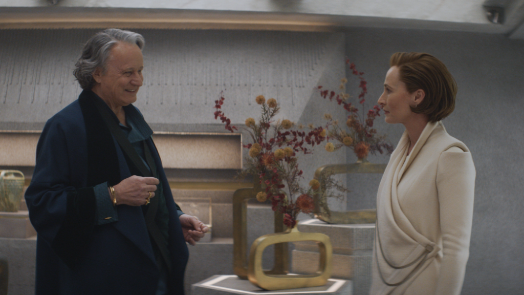 Mon Mothma and Luthen Rael have a secret rebellion meeting in the Disney+ original series ANDOR.