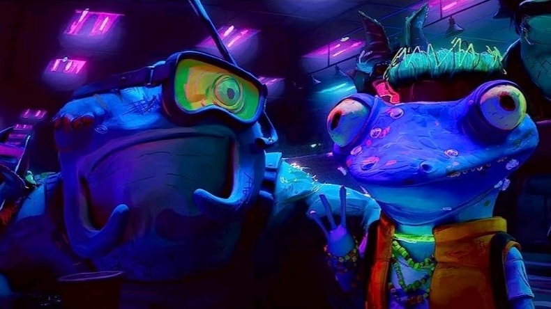 Ray Fillet voiced by Post Malone and Mondo Gecko voiced by Paul Rudd pose together in the new animated film TEENAGE MUTANT NINJA TURTLES: MUTANT MAYHEM.