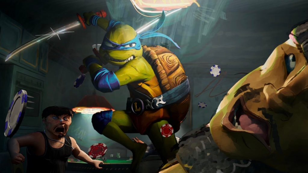 Leonardo strikes an action pose in the air with his signature swords as he takes down a room full of goons in the new animated film TEENAGE MUTANT NINJA TURTLES: MUTANT MAYHEM.