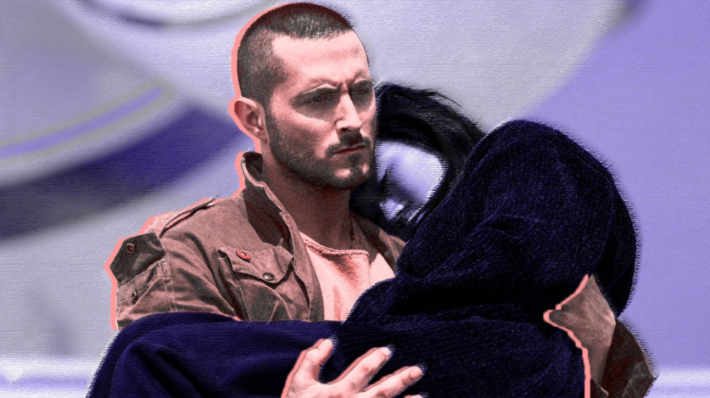 Tomer Capone stars as Frenchie from THE BOYS holding Kimiko in his arms in a new purple and orange colored graphic.