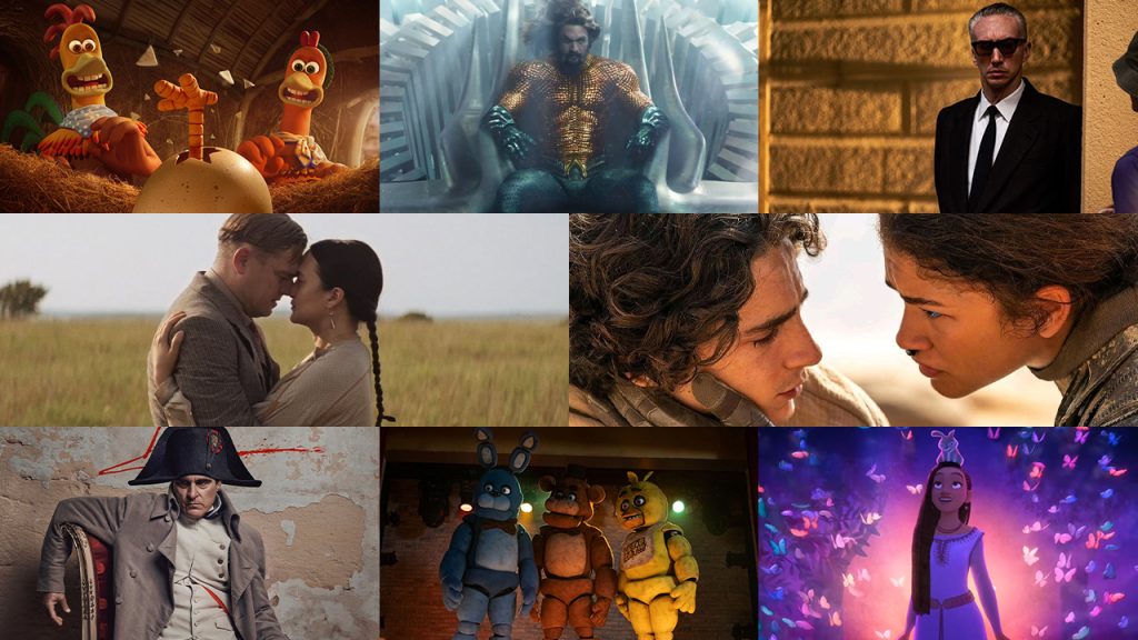 A collage of major films releasing in fall and winter 2023, including Dune: Part Two, Killers of the Flower Moon, Five Nights at Freddy's, Disney's Wish, Napoleon, Ferrari, Aquaman and the Lost Kingdom, and Chicken Run: Dawn of the Nugget.