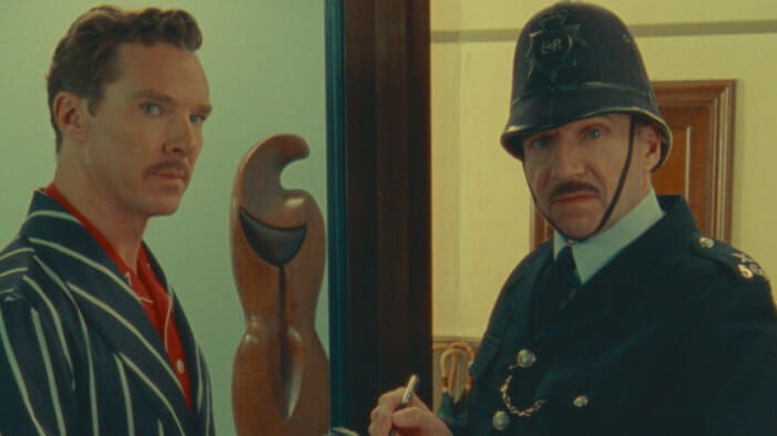 Benedict Cumberbatch as Henry Sugar and Ralph Fiennes as the policeman in The Wonderful Story of Henry Sugar on Netflix directed by Wes Anderson.