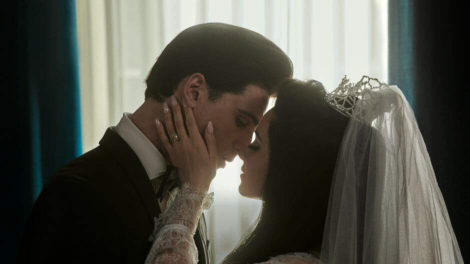 Jacob Elordi as Elvis Presley and Cailee Spaeny as Priscilla Presley share their wedding kiss in the new biopic PRISCILLA from writer-director Sofia Coppola.