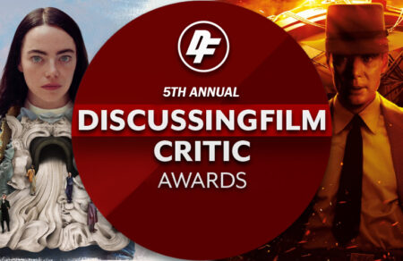 The main logo for the 2024 DiscussingFilm Critics Awards between images of Emma Stone from POOR THINGS and Cillian Murphy from OPPENHEIMER.