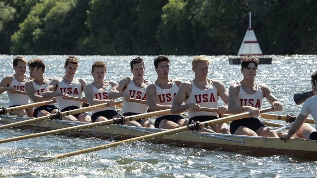 The University of Washington rowing team wear their USA uniforms while competing in the 1936 summer Olympics in Berlin in the sports drama THE BOYS IN THE BOAT.
