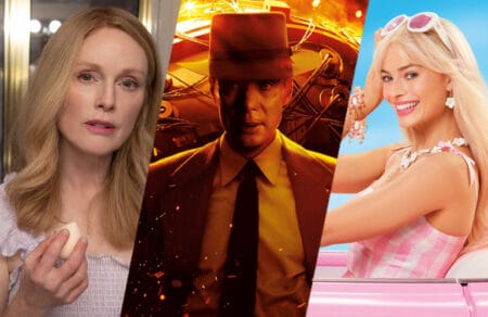 A collage of Julianne Moore from MAY DECEMBER, Cillian Murphy from OPPENHEIMER, and Margot Robbie from BARBIE for the 2024 DiscussingFilm Critic Awards winners list.