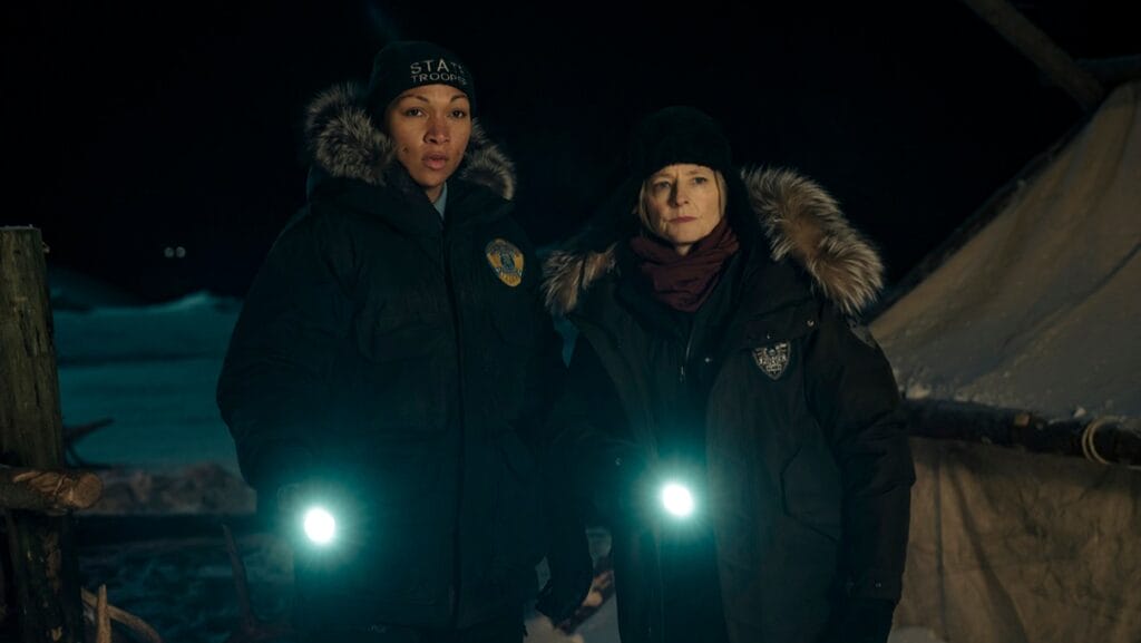 Kali Reis and Jodie foster star as state trooper Evangeline Navarro and chief of police Liz Danvers in HBO's TRUE DETECTIVE: NIGHT COUNTRY streaming on Max in January 2024.