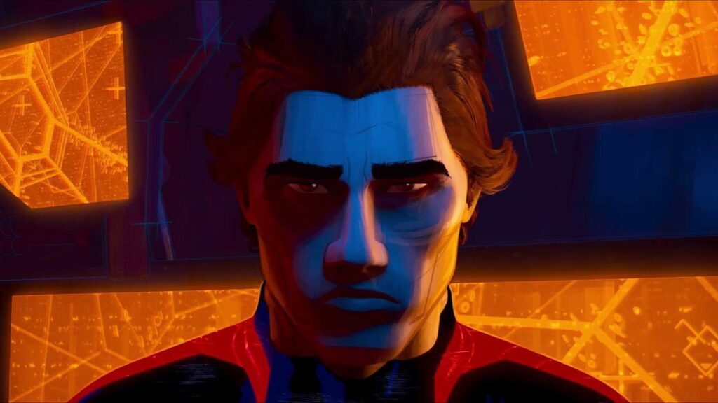 Miguel O'Hara/Spider-Man 2099 voiced by Oscar Isaac gives an emotionless stare in SPIDER-MAN: ACROSS THE SPIDER-VERSE directed by Justin K Thompson, Kemp Powers, and Joaquim Dos Santos.