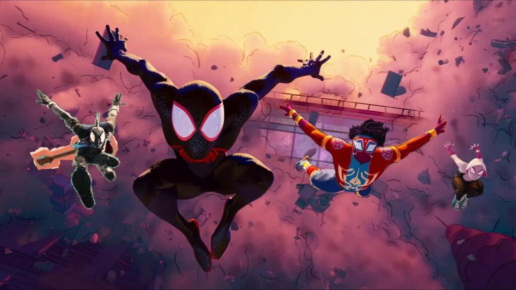 Miles Morales is front and center of an epic group shot with Spider-Punk, Spider-Man India, and Spider-Gwen as they jump from a building together in the sky from SPIDER-MAN: ACROSS THE SPIDER-VERSE directed by Justin K Thompson, Kemp Powers, and Joaquim Dos Santos.