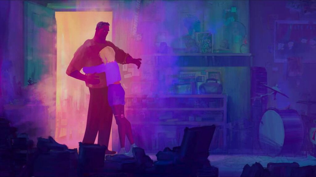 Gwen Stacey embraces her father George Stacy with a huge hug in a beautiful shot filled with pink, purple, and blue pastel colors from SPIDER-MAN: ACROSS THE SPIDER-VERSE. 