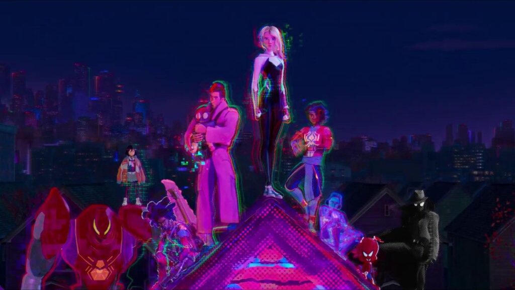 Gwen Stacey creates her own group of Spider-people in an epic group shot with Peter B. Parker, Spider-Man Noir, Spider-Ham, Peni Parker. Spider-Man India, Spider-Byte, and Spider-Punk from the final scene of SPIDER-MAN: ACROSS THE SPIDER-VERSE.