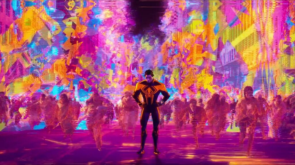 Miguel O'Hara stands in the middle of a giant colorful hologram of his former universe with his head down as he somberly reflects to himself in the animated film SPIDER-MAN: ACROSS THE SPIDER-VERSE.