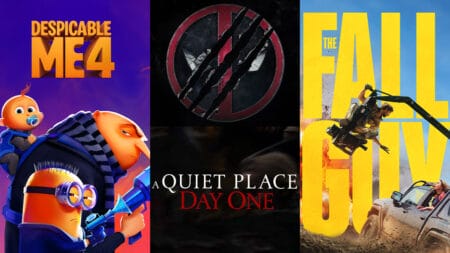A collage of the official posters from DESPICABLE ME 4, DEADPOOL 3, A QUIET PLACE: DAY ONE, and THE FALL GUY, all releasing new movie trailers for the 2024 Super Bowl.