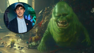 A graphic of director Gil Kenan next to the iconic ghost Slimer from GHOSTBUSTERS: FROZEN EMPIRE for our exclusive interview.