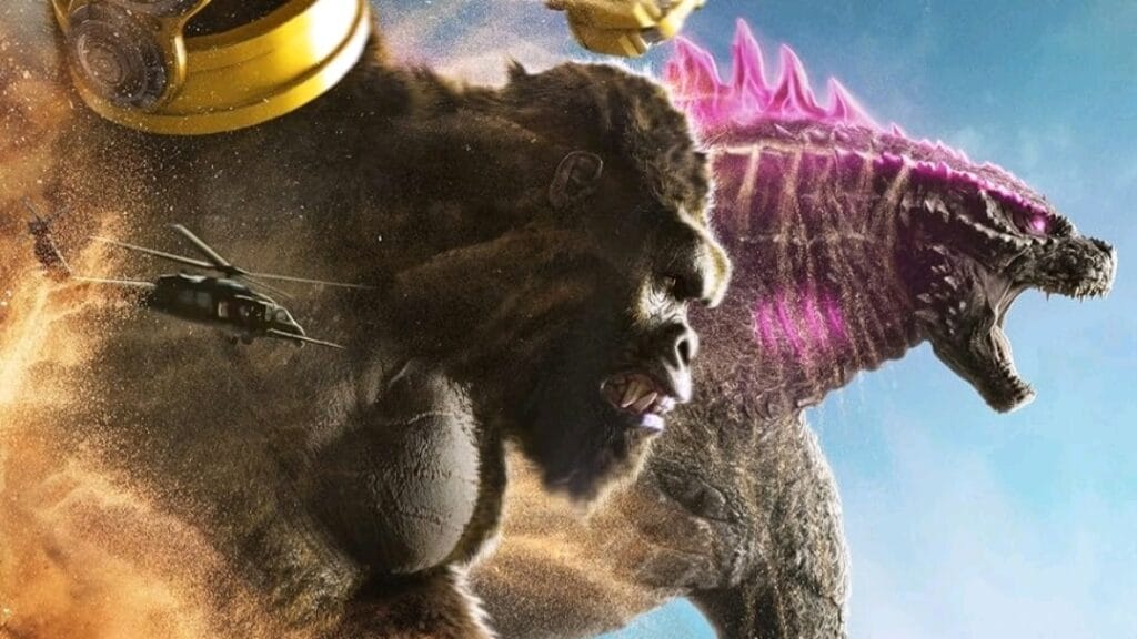 Godzilla and Kong rush into battle together side by side on the official poster for GODZILLA X KONG: THE NEW EMPIRE.