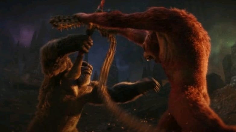 Kong locks his battle axe with the Scar King's bone whip during their first epic battle in the MonsterVerse sequel GODZILLA X KONG: THE NEW EMPIRE. 