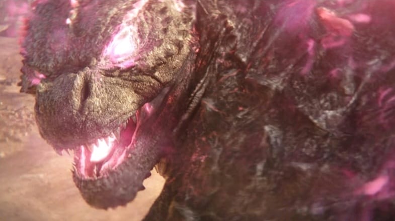 Godzilla charges his pink spikes in his new evolved form as he gets ready to shoot his powerful atomic breath in GODZILLA X KONG: THE NEW EMPIRE.