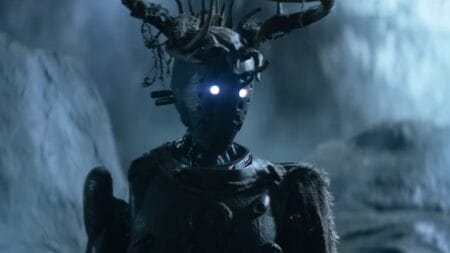 Jimmy the mechanical knight voiced by Anthony Hopkins shows off his new costume and crown of antlers in REBEL MOON — PART TWO: THE SCARGIVER premiering on Netflix in April 2024.