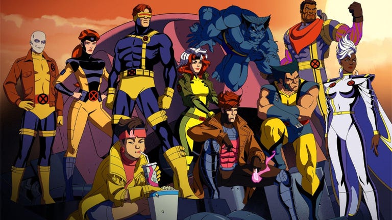 The classic X-Men team, including Cyclops, Jean Grey, Wolverine, Storm, Gambit, Rogue, Beast, Jubilee, Bishop, and Morph group together for an epic pose as they look over a sunset in the animated series X-MEN '97 on Disney+.