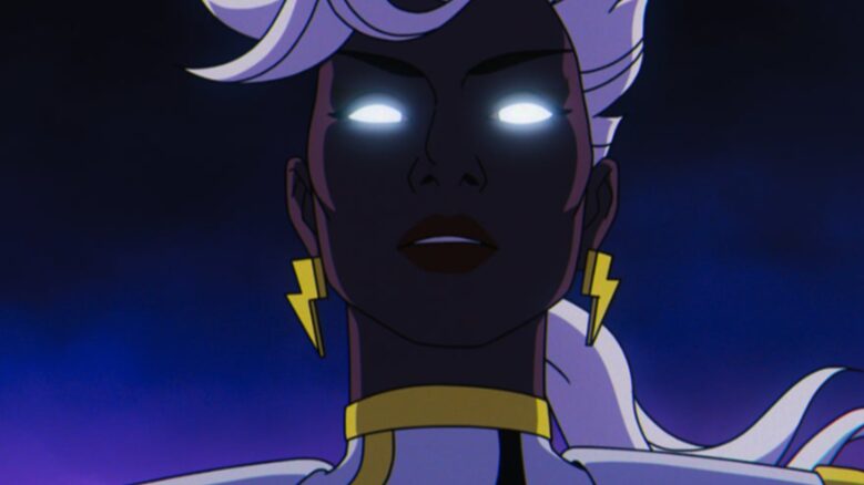 Storm voiced by Alison Sealy-Smith gets ready to use her mutant abilities with her eyes glowing bright during a battle scene in the Disney+ original animated series X-MEN '97. 