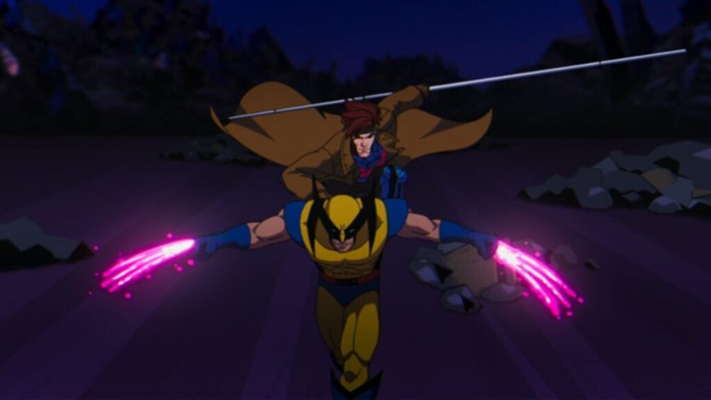 Gambit uses his mutant abilities to power up Wolverine's claws with purple energy during a battle scene in X-MEN 97 streaming only on Disney+.