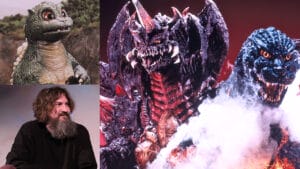 A graphic collage of Burning Godzilla and Destoroyah next to images of Baby Godzilla and MonsterVerse writer-director Adam Wingard for our exclusive interview.