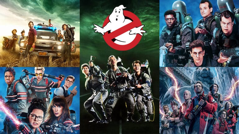 A collage of the official posters of all 5 films in the Ghostbusters franchise for our ranked list from worst to best.