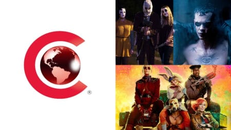 A graphic of the official CinemaCon 2024 logo for the Lionsgate presentation with photos of THE CROW reboot, the live-action BORDERLANDS movie, and THE STRANGERS.