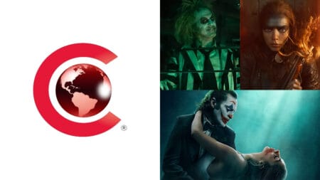 A graphic of the official CinemaCon 2024 logo for the Warner Bros. Pictures presentation with photos of BEETLEJUICE 2, FURIOSA: A MAD MAX SAGA, JOKER: FOLIE A DEUX.