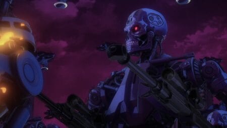 New Arrivals for Netflix August 2024 The Terminator robots march across a post-apocalyptic landscape as they wage war on mankind in the TERMINATOR ZERO anime series coming to Netflix in August 2024.