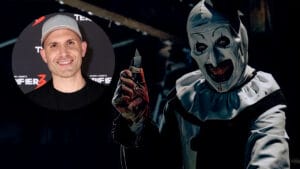 A graphic image of writer-director Damien Leone smiling next to Art the Clown holding up a sharp box cutter in TERRIFIER 3 for our exclusive interview.