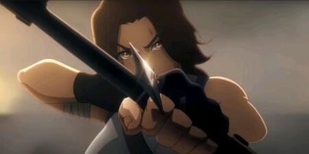 Lara Croft aims a sharp bow and arrow at the screen in the animated series TOMB RAIDER: THE LEGEND OF LARA CROFT, which is coming to Netflix in October 2024.