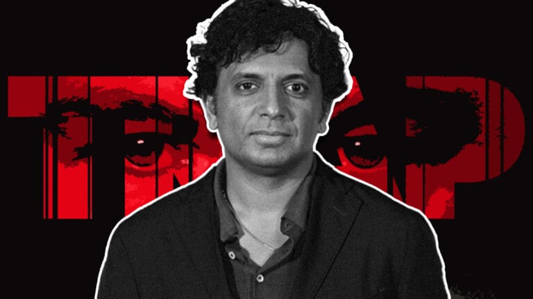 A black and white graphic of director M. Night Shyamalan in front of the bright red logo for his thriller film TRAP in bold letters.