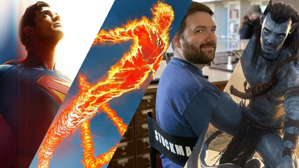 A colorful graphic collage featuring James Gunn's Superman, the Human Torch from Marvel's Fantastic Four, Youtuber-turned-director Chris Stuckmann, and Jake Sully from Avatar 3 for our 10 biggest TV and movie predictions of 2025 list.