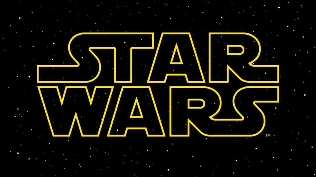 Lucasfilm's classic gold STAR WARS logo surrounded by small white stars.