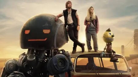 Chris Pratt and Millie Bobby Brown strike an epic pose on top of a van next to the giant robot Herman and small animatronic bot Cosmo on the official poster for THE ELECTRIC STATE streaming only on Netflix.