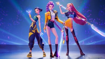 New Arrivals for Netflix June 2025 Kpop superstars Rumi, Mira, and Zoey strike an epic battle pose together with their cool weapons in the animated movie KPOP DEMON HUNTERS, which is featured in the Netflix June 2025 list of new arrivals.