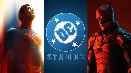 An image of David Corenswet's Superman and Robert Pattinson's Batman next to the new DC Studios logo for an article guide to every upcoming DC movie in James Gunn's new DCU franchise.