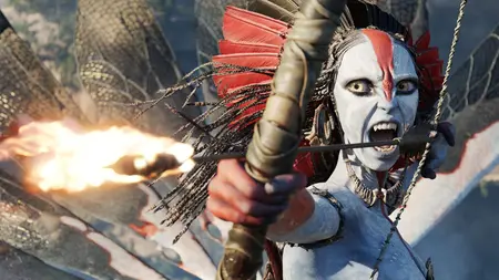 Oona Chaplin stars as Varang, the evil leader of the Ash People, raising an arrow lit on fire with her powerful blow in the middle of an epic action scene from AVATAR: FIRE AND ASH.