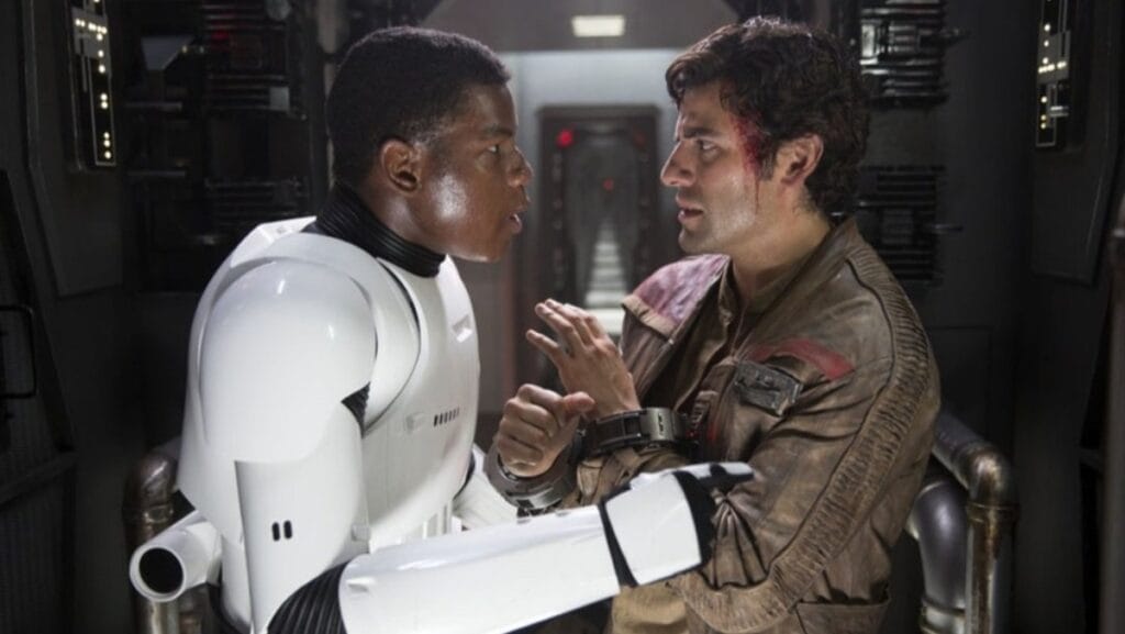 The deserter stormtrooper Finn, played by John Boyega, and the Resistance X-wing pilot Poe, played by Oscar Isaac, cross paths for the first time in STAR WARS: THE FORCE AWAKENS. 