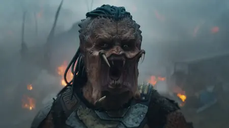 Dek the young runt Yautja warrior lets out a huge roar showing off his sharp mandibles as he prepares to go into battle in PREDATOR: BADLANDS.