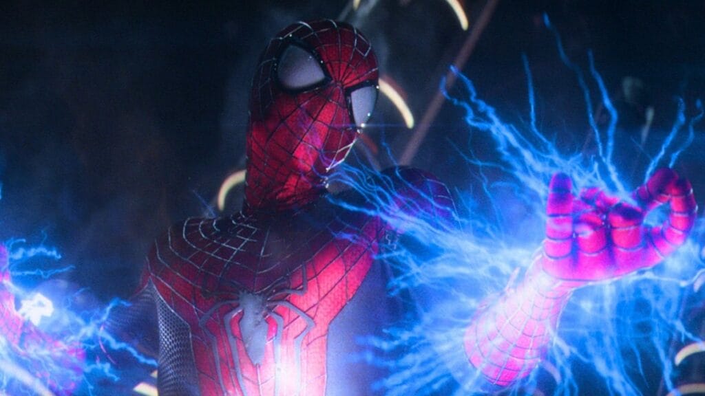 Spider-Man, played by Andrew Garfield, gets zapped by blue electricity in THE AMAZING SPIDER-MAN 2, which is about to leave the Netflix streaming service in March 2026.